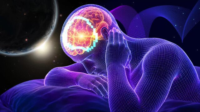 Digital Human Silhouette Lying on Pillow with Glowing Brain Activity, Insomnia and Overthinking Concept
