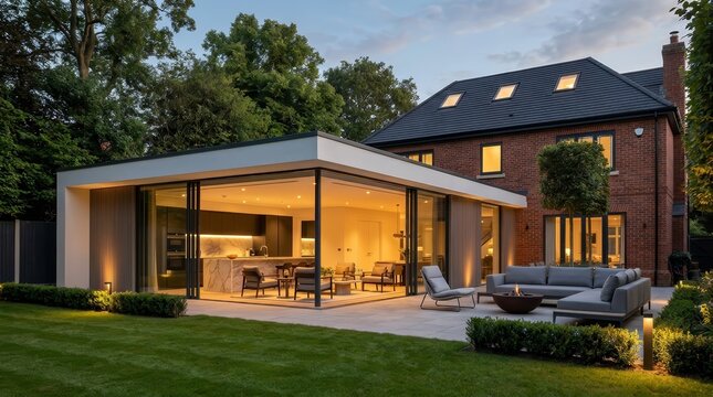 Modern home extension with an open plan kitchen and living area overlooking a backyard garden at dusk.
