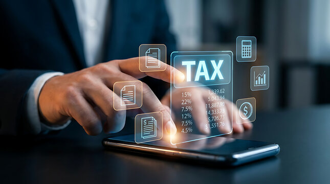 Businessman using a smartphone to access digital tax return and financial accounting software on a virtual screen