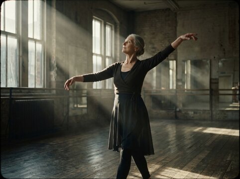 Senior Female Ballerina Gracefully Dancing in Sunlit Studio