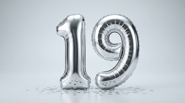 Metallic silver 19 balloons and confetti decoration for birthday or anniversary celebrations.