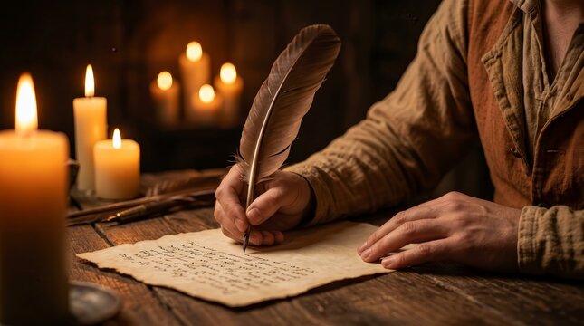 Historical writer creates a manuscript on antique parchment using a quill pen in a warm room.