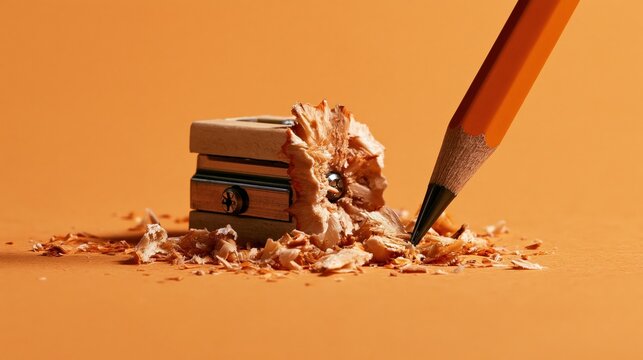 A sharpened wooden pencil rests beside a metal tool along with scattered shavings that reflect the creative process of an artist working on a project within an educational school setting