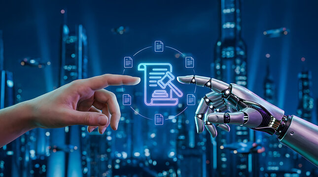 Futuristic robotic hands interacting with a glowing red digital warning sign in a virtual cyber space