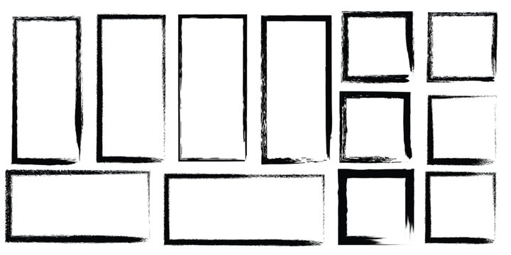 Abstract collection of hand drawn ink brush rectangles and squares isolated on a white background