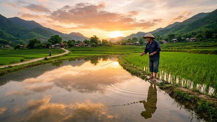 Obraz premium Traditional rural life: Man catching fish in terraced rice field irrigation canal at dusk