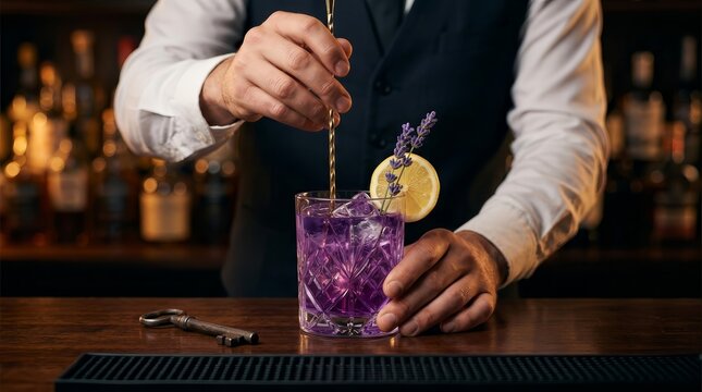 A bartender stirs a craft cocktail with a lavender garnish and lemon slice at a bar.