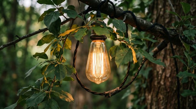 Vintage Edison light bulb hanging in forest trees. Glowing warm filament lamp in nature. Rustic outdoor garden lighting for events.