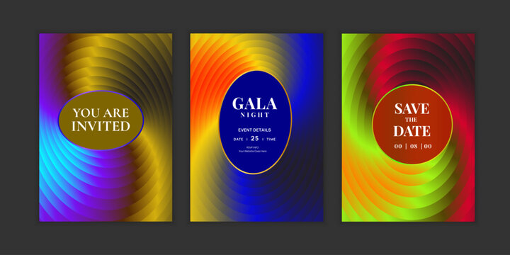 Colorful abstract gradient swirl gala invitation card set vector. Modern radial pattern templates for wedding, party, corporate event, VIP celebration and formal night design