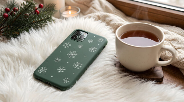 Green smartphone with snowflake pattern case resting on a white faux fur rug next to a steaming hot tea cup against a blurred Christmas tree background