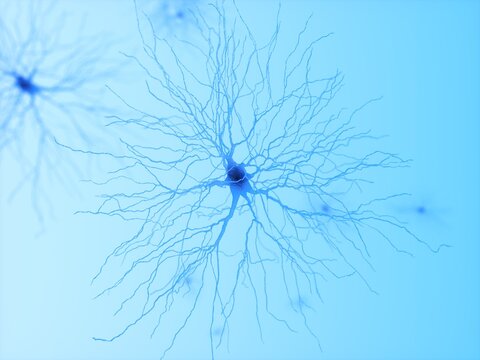 Neuron Cell with Branching Dendrites on Blue Background