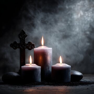 All Souls Day,All Saints Day Backdrop. Lit Candles, Gloomy Concept And Creative Background
