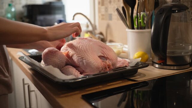 Woman seasoning whole raw turkey with salt on baking tray, preparing traditional poultry for Thanksgiving family dinner, festive holiday meal, home cooking and seasonal celebration