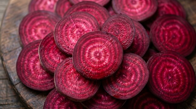 Vibrant raw beet root slices with natural concentric patterns and deep red colors.