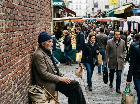 Elderly Man Sitting Quietly Beside Bustling European Street Market