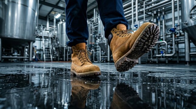 A close-up of safety boots walking on a slippery floor in a factory setting.