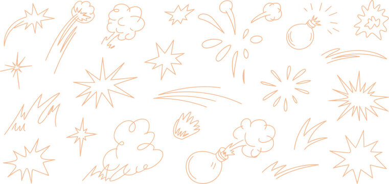 Hand drawn light brown comic book explosion and impact effect icons on a white background.