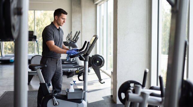 Gym Hygiene: A focused man diligently sanitizes exercise equipment in a well-lit gym, ensuring a safe and clean environment for workout enthusiasts.