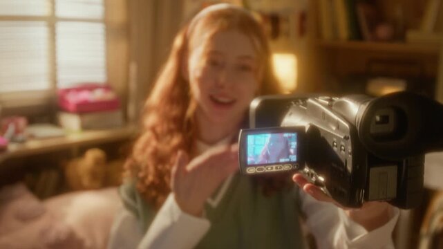 Caucasian teenage girl holding vintage camcorder and recording video blog in bedroom, talking and gesturing. Clip is ideal for social media marketing, content creation, and youth lifestyle ads