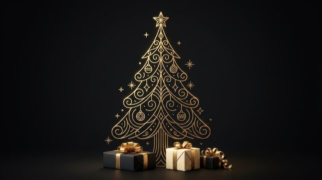 Elegant golden line art christmas tree illustration with decorative ornaments and gift boxes on a dark background
