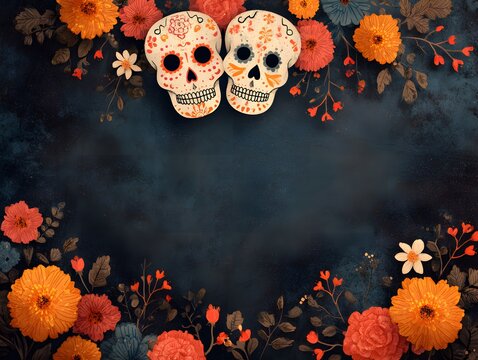 Day of the Dead frame with sugar skulls and flowers