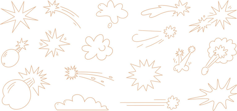 Light brown outline cartoon explosion and bomb icons isolated on a plain white background.