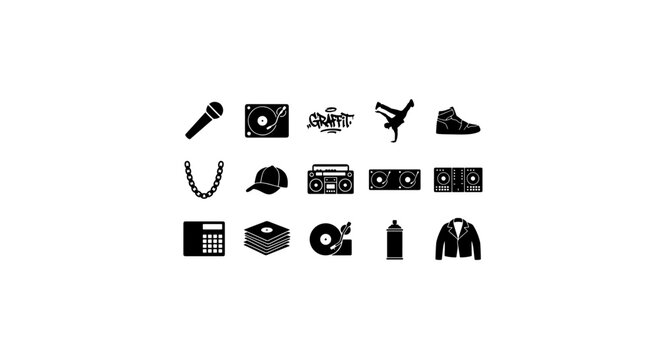 Hip Hop Music Icons Set, Urban Culture Symbols, DJ Equipment, Breakdance Elements, Retro Style