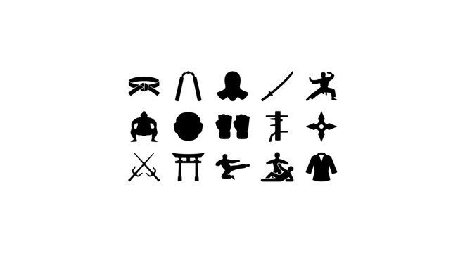 Martial Arts Icons Set: Karate, Judo, Ninja, Samurai Symbols, Combat Sports Vector Graphics