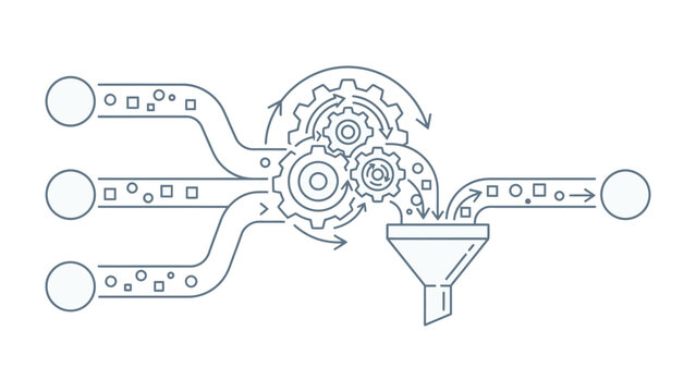 Data Processing Flow: A schematic illustration depicts a streamlined data processing workflow, showcasing input streams, intricate gear mechanisms, and a filtering funnel leading to an output.