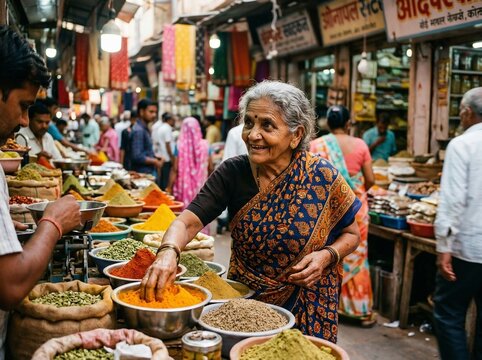 Senior Indian Woman Shopping for Spices at a Vibrant Bazaar