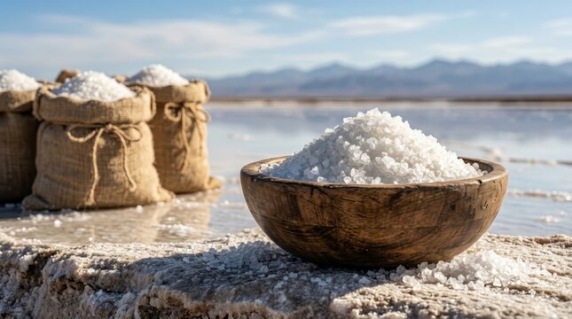 Natural mineral resource salt harvested in burlap bags and a wooden bowl near a salt lake.