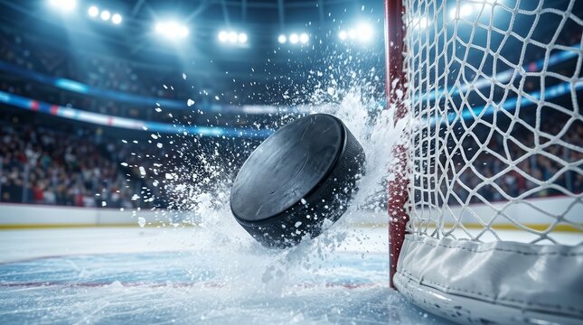 Action shot of a hockey puck scoring a goal in a crowded arena under bright lights.