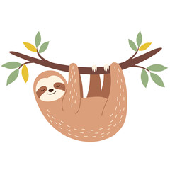 Naklejka premium Cute Sloth Hanging on Tree Branch Flat Autumn Vector Clipart Illustration
