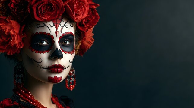 Girl with skull face paint and roses in hair celebrating Death of the Dead festival