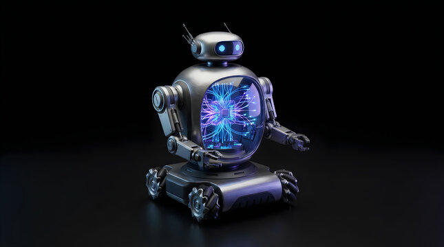 Mini Ai Robot with Glowing Core, Futuristic Design Concept. Digital Illustration of Artificial Intelligence