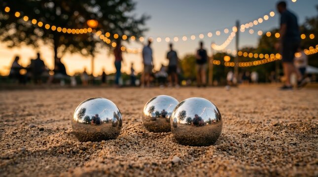 People playing an outdoor bocce game under warm string lights at dusk.