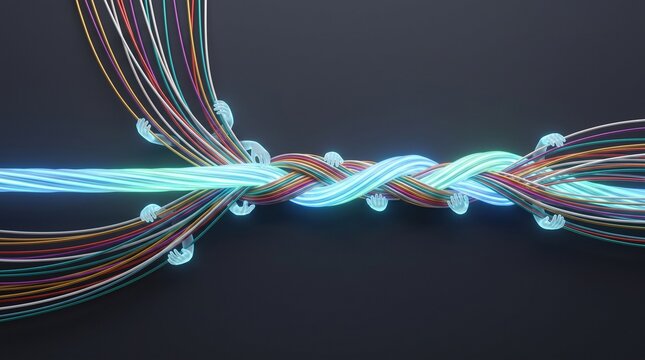 Glowing hands braiding colorful fiber optic cables