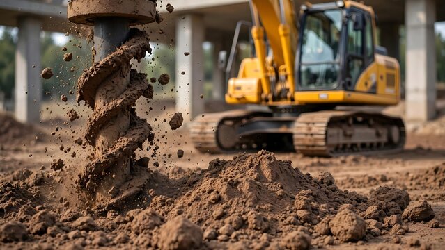 Excavator digging hole with earth auger on construction site