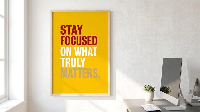 Inspirational office wall art with Stay Focused quote, yellow motivational poster in wooden frame, modern workspace interior decor