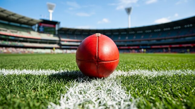 Red Australian Rules football sits on a stadium grass field ready for match play.