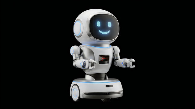Mini Humanoid Robot with a Friendly Expression, Isolated on a Black Background Featuring Miniature, Artificial