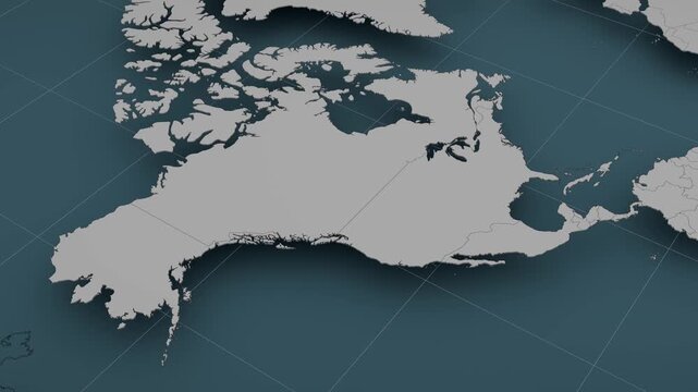 North America Map Zoom In Animation USA Canada, 3D World Map Teal Background Global Network Video, Artistic Representation Not For Geographic Accuracy