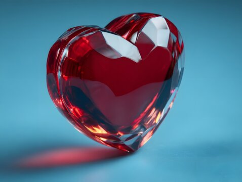 Red glass heart shining on blue background for diabetes