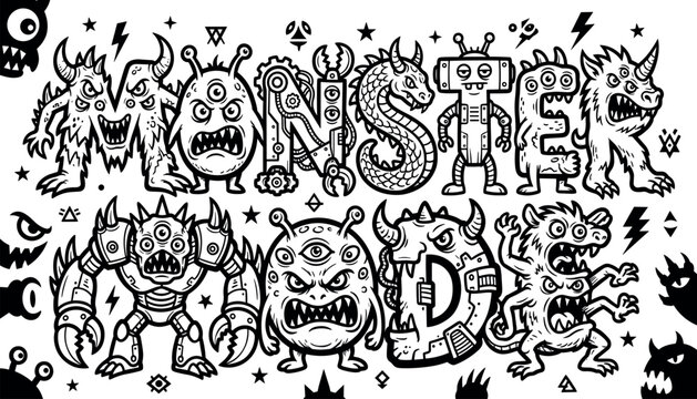 Fun monster doodle vector art spelling monster mode with cute cartoon creatures