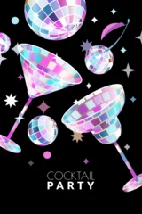 Vector champagne martini, cocktail glass with neon disco ball texture. Party banner, poster, holiday invitation design © Qualit Design
