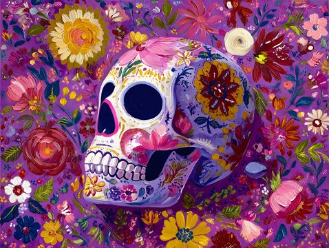 Skull painted for the Day of the Dead on a purple background