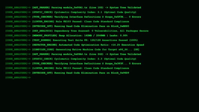 Code analyzer software programming compiler terminal screen.