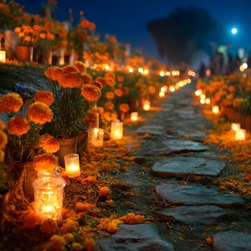 Stone path lined with orange marigold flowers candles