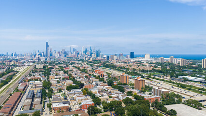 Fototapeta premium Aerial shot of Skyscrapers and office buildings in the skyline in Chicago Illinois USA
