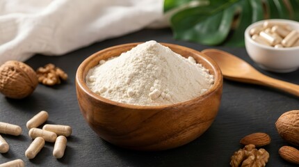 Fototapeta premium Natural wellness supplement powder in a wood bowl for skin and joint health.